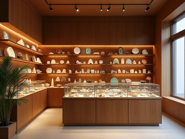 Interior de la tienda Cuarzo Café en Roma Norte, mostrando estanterías con minerales pulidos y en bruto