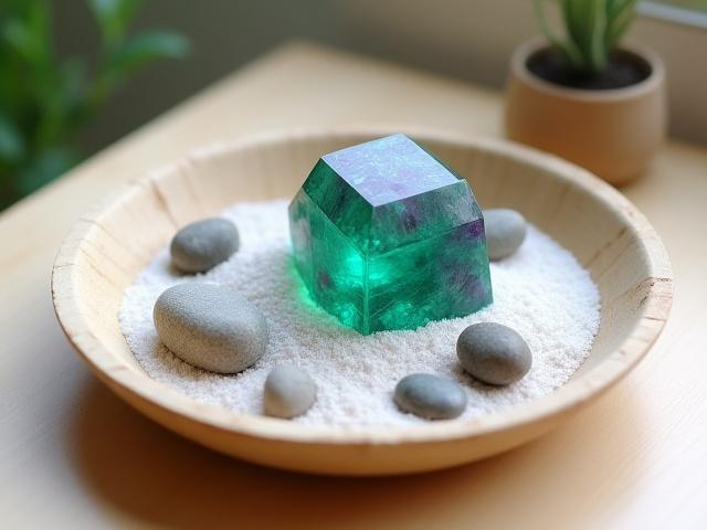 Pequeño jardín zen con arena, piedras y una distintiva pieza de fluorita en tonos verdes y púrpuras, para un escritorio.