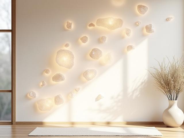 Mural de selenita cristalina que adorna una pared en un espacio de meditación, irradia luz suave.