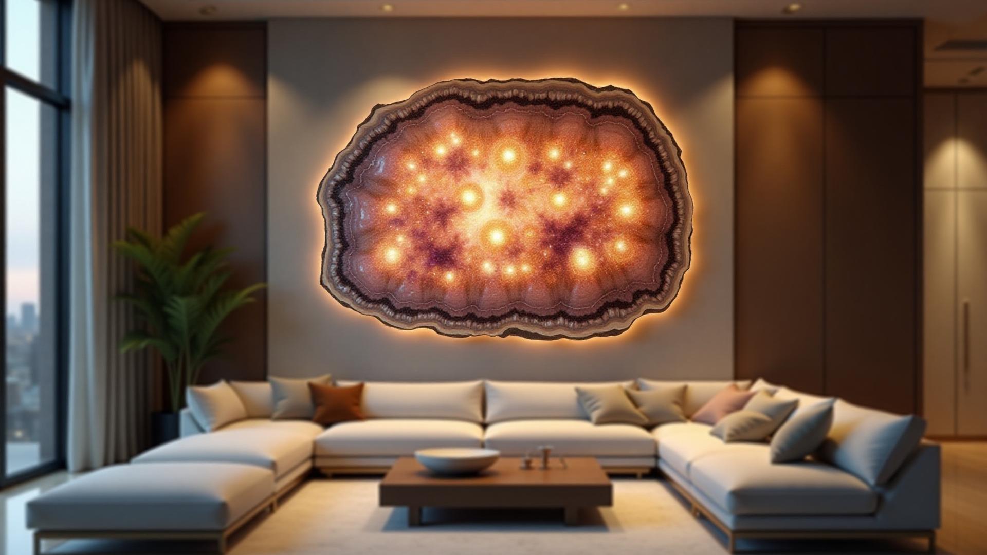 Impresionante pieza de arte mineral terminada en un salón moderno, irradia calma y elegancia