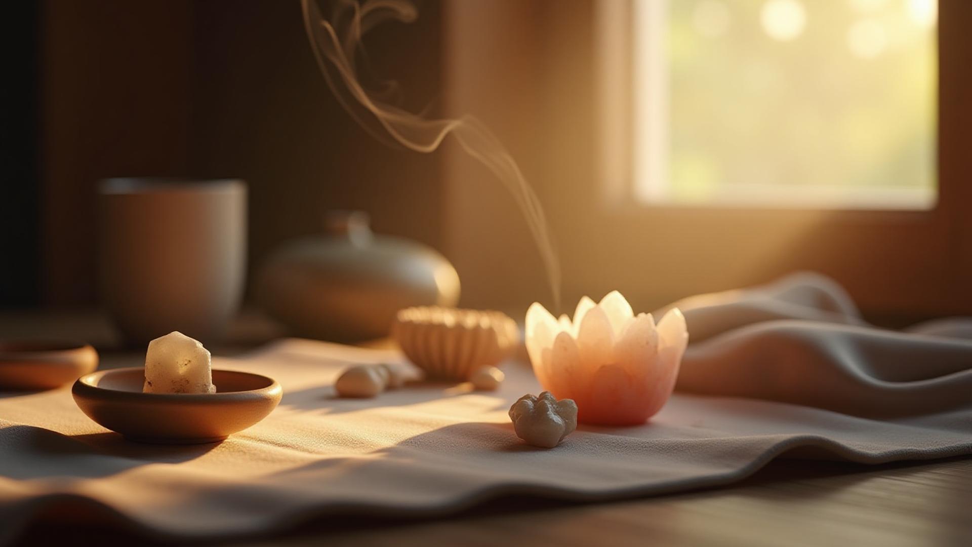 Un altar sereno con piezas de arte ritual y minerales