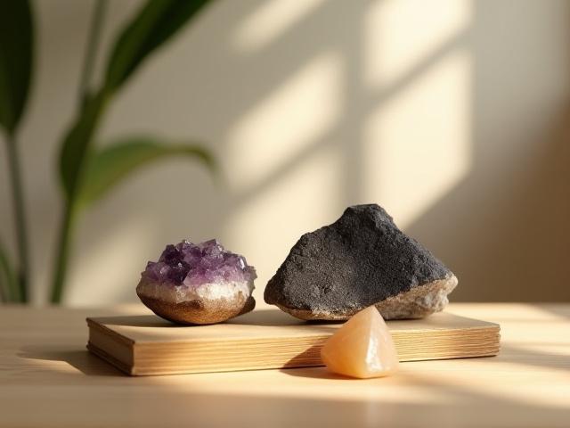 Kit para Armonizar el Hogar con turmalina negra, amatista y citrino dispuestos en un espacio hogareño.