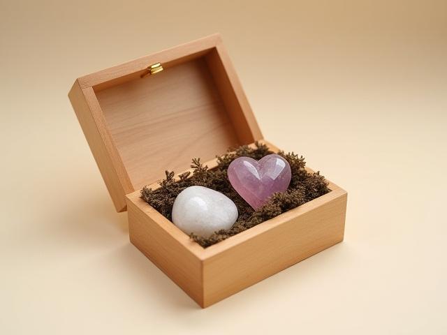 Kit de Iniciación con cuarzo claro, amatista y cuarzo rosa en una caja de madera.