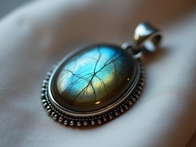 Primer plano de un elegante collar con colgante de labradorita iridiscente.