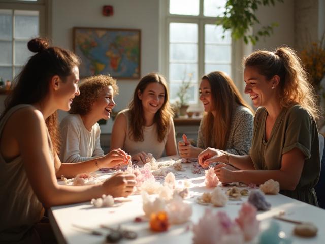 Grupo de personas interactuando en un taller de cristales